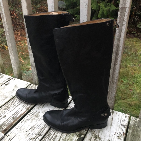 BLACK LEATHER FRYE SNAP BUTTON ZIP KNEE HIGH BOOTS - Picture 2 of 7